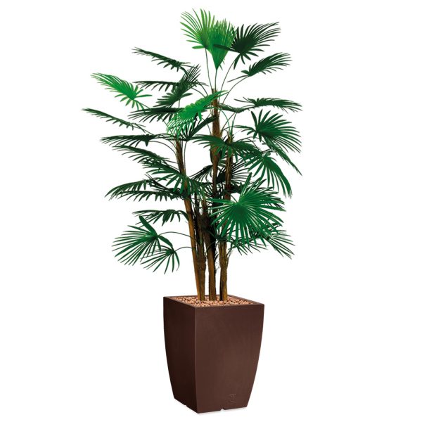 HTT - Kunstplant Rhapis palm in Genesis vierkant bruin H150 cm - kunstplantshop.nl